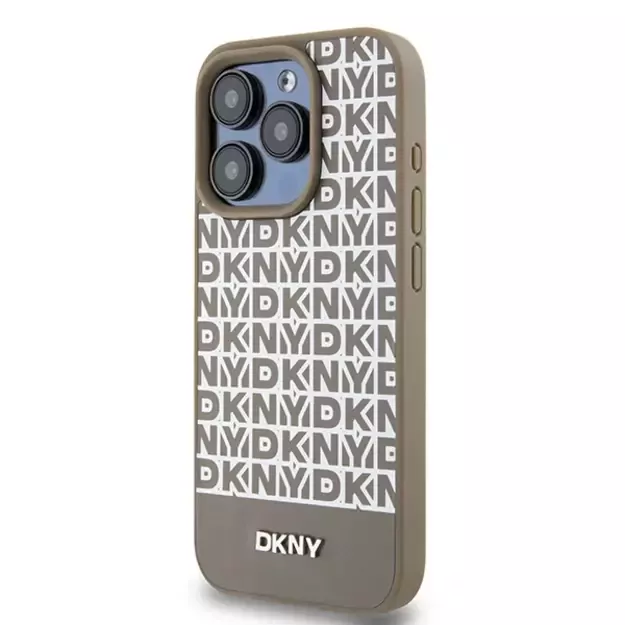 DKNY Leather Printed Pattern Metal Logo MagSafe Case for iPhone 15 Pro - Brown 8