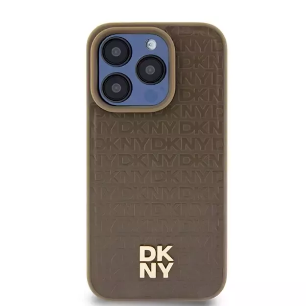 DKNY Leather Pattern Metal Logo MagSafe case for iPhone 15 Pro Max - brown 2
