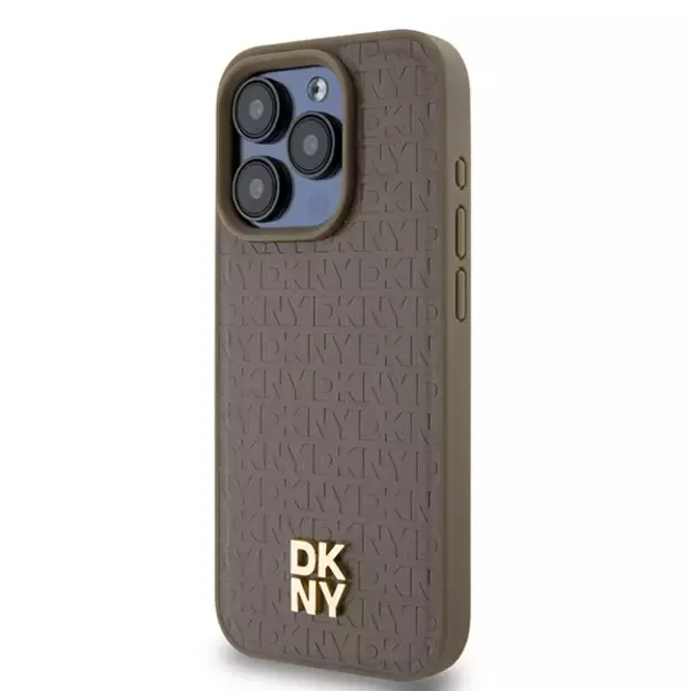 DKNY Leather Pattern Metal Logo MagSafe case for iPhone 15 Pro Max - brown 1