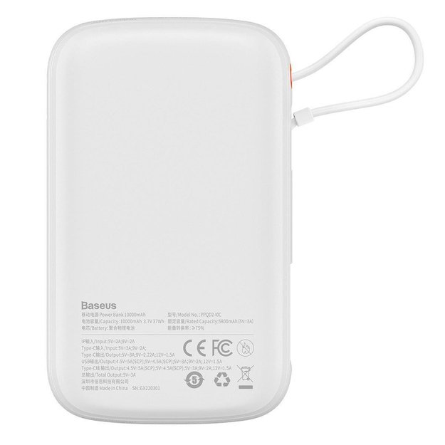 Baseus Qpow Digital Display powerbank with fast charging 10000mAh 22.5W QC/PD/SCP/FCP with built-in USB-C cable white 2