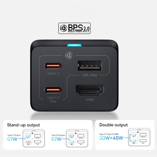 Baseus fast charger GaN5 Pro HUB HDMI 2 x USB-C / USB-A / HDMI 4K 30Hz 1.5m black + USB-C cable - USB-C 100W 40Gb/s (USB4) 1m (CCGP110201) 11