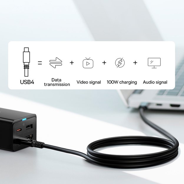 Baseus fast charger GaN5 Pro HUB HDMI 2 x USB-C / USB-A / HDMI 4K 30Hz 1.5m black + USB-C cable - USB-C 100W 40Gb/s (USB4) 1m (CCGP110201) 12