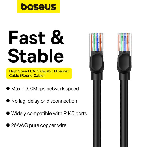 Baseus High Speed ​​Cat 5 RJ-45 1000Mb/s Ethernet cable 8m round - black 8