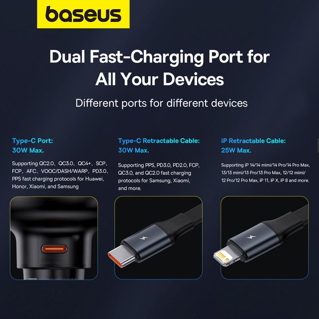 Baseus Enjoyment Pro USB-C (female) / Lightning (male) 60W car charger - black 12