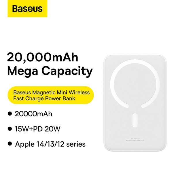 Baseus Magnetic Mini 20000 mAh 20W power bank - white + USB-C / USB-C cable 9
