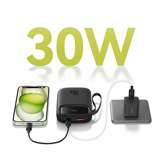 Baseus QPow 2 30W 10000mAh Power Bank with Built-in USB-C Cables - Black 10