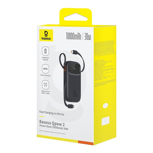 Baseus QPow 2 30W 10000mAh Power Bank with Built-in USB-C Cables - Black 6
