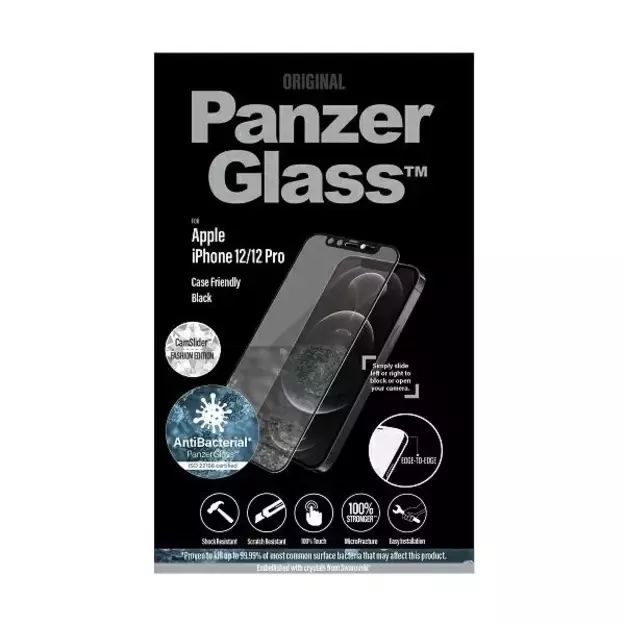 PanzerGlass E2E Microfracture Antibacterial Glass with Swarovsky Crystal Camera Cover for iPhone 12/12 Pro - With Black Frame 2