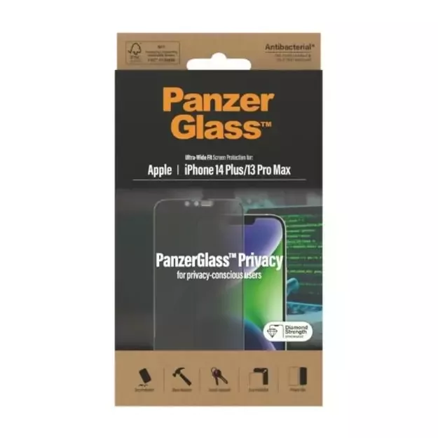 PanzerGlass Ultra-Wide Fit Tempered Glass Antibacterial Privacy for iPhone 14 Plus/13 Pro Max 14