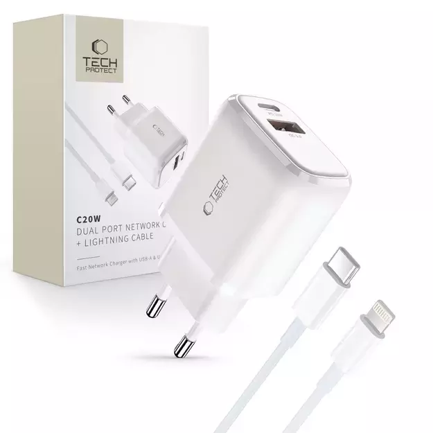 Tech-Protect C20W USB-C PD 20W / USB-A QC 3.0 Charger with USB-C / Lightning Cable - White