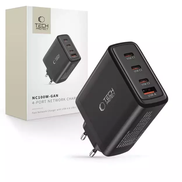 Tech-Protect NC100W-GAN charger network GaN 3x USB-C PD 100W / USB-A QC 3.0 - black