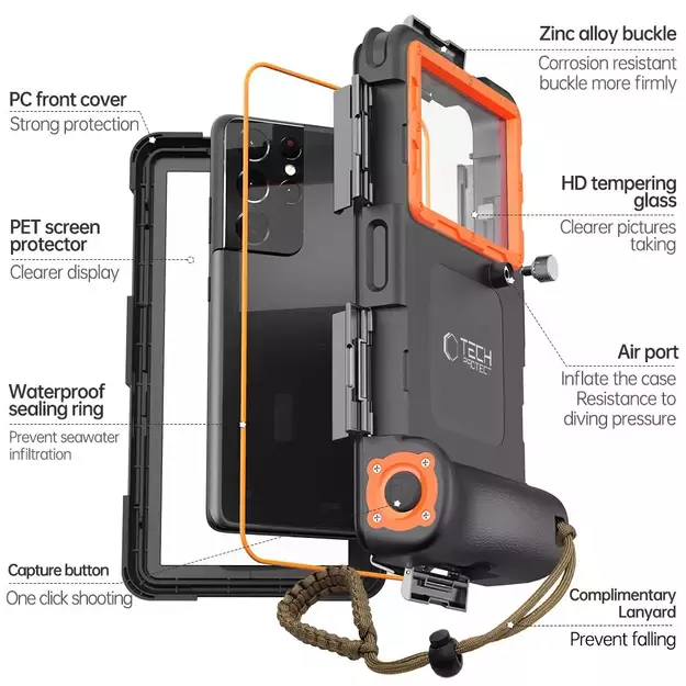 Tech-Protect Waterproof Case IPX8 for 4.7-6.7&quot  Smartphones - Black and Orange 9