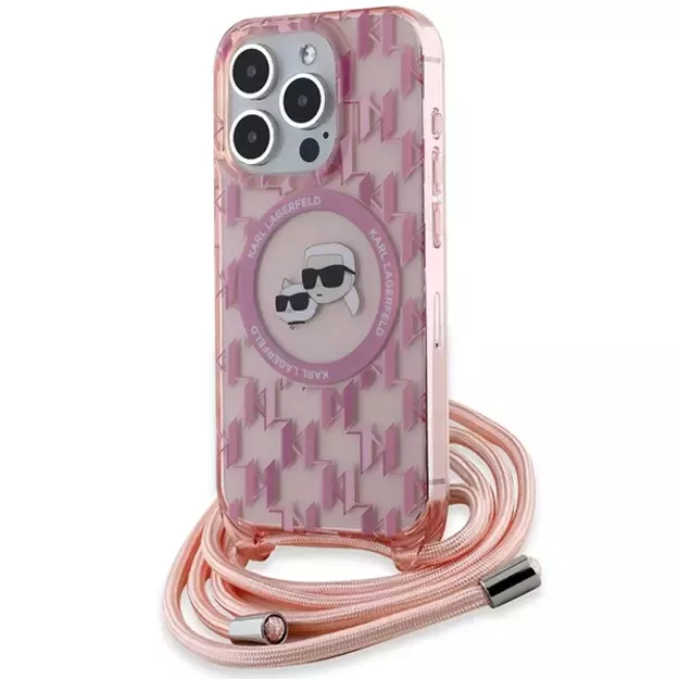 Karl Lagerfeld IML Crossbody Monogram Karl &amp  Choupette Head MagSafe Case for iPhone 15 Pro Max - Pink