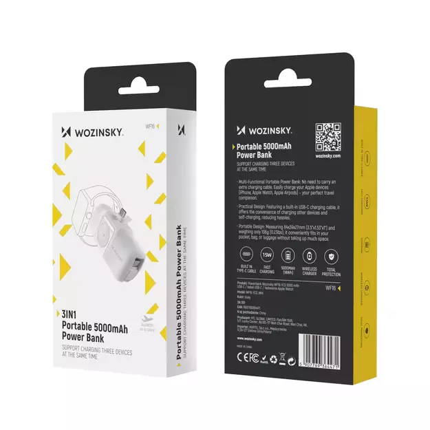 Wozinsky WF16-YCS 5000mAh 15W USB-C Mini Power Bank with Built-in USB-C Cable and Apple Watch Charger - White 25