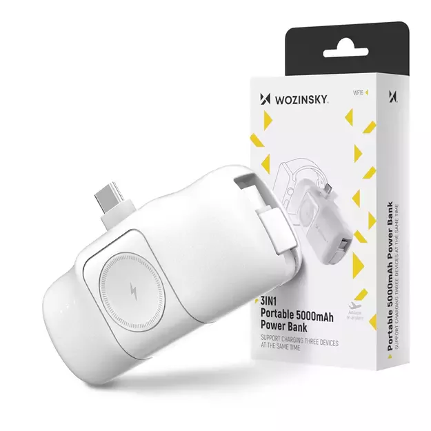 Wozinsky WF16-YCS 5000mAh 15W USB-C Mini Power Bank with Built-in USB-C Cable and Apple Watch Charger - White 24