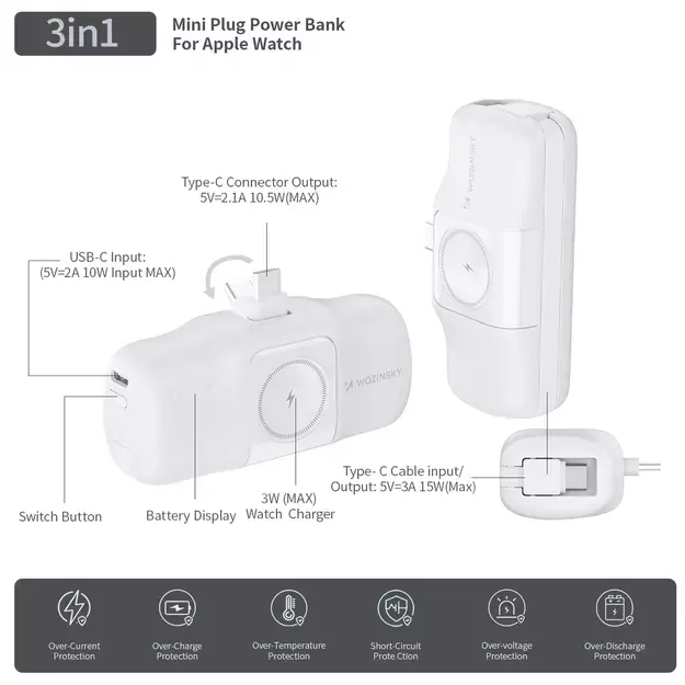 Wozinsky WF16-YCS 5000mAh 15W USB-C Mini Power Bank with Built-in USB-C Cable and Apple Watch Charger - White 23
