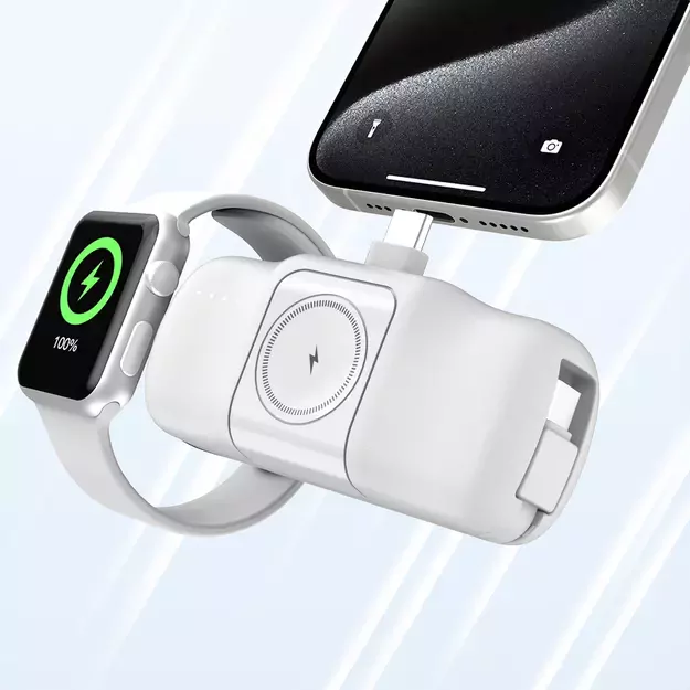 Wozinsky WF16-YCS 5000mAh 15W USB-C Mini Power Bank with Built-in USB-C Cable and Apple Watch Charger - White 21