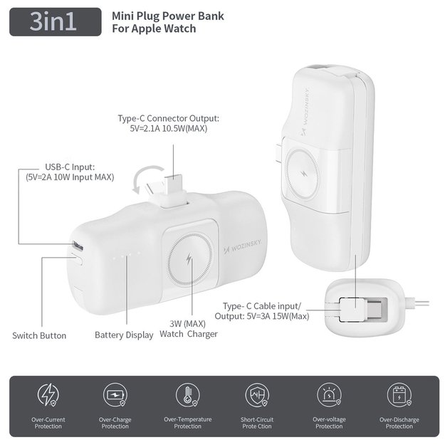 Wozinsky WF16-YCS 5000mAh 15W USB-C Mini Power Bank with Built-in USB-C Cable and Apple Watch Charger - White 26