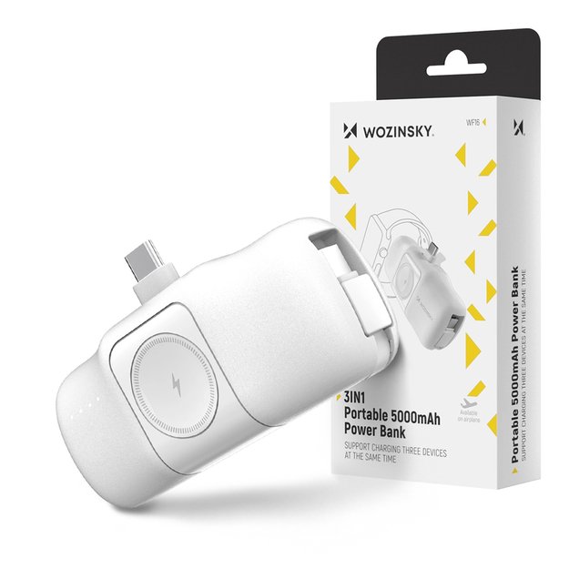 Wozinsky WF16-YCS 5000mAh 15W USB-C Mini Power Bank with Built-in USB-C Cable and Apple Watch Charger - White 27