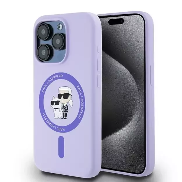 Karl Lagerfeld Silicone Karl&amp Choupette Heads Ring MagSafe Case for iPhone 15 Pro - Purple