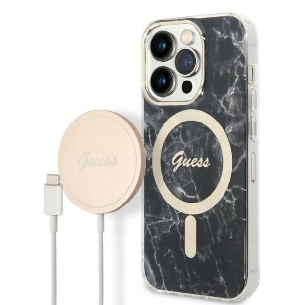 Set Guess GUBPP14XHMEACSK Case+ Charger iPhone 14 Pro Max 6.7  black/black hard case Marble MagSafe