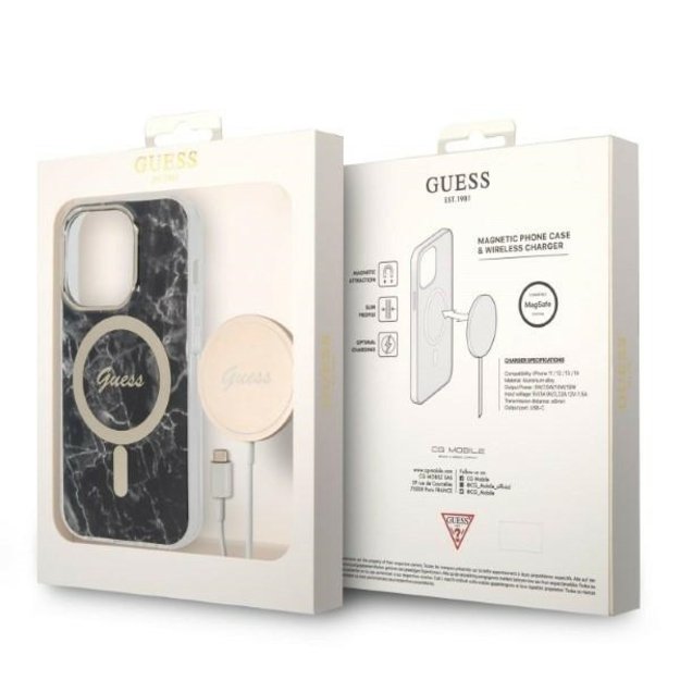 Set Guess GUBPP14XHMEACSK Case+ Charger iPhone 14 Pro Max 6.7  black/black hard case Marble MagSafe 9