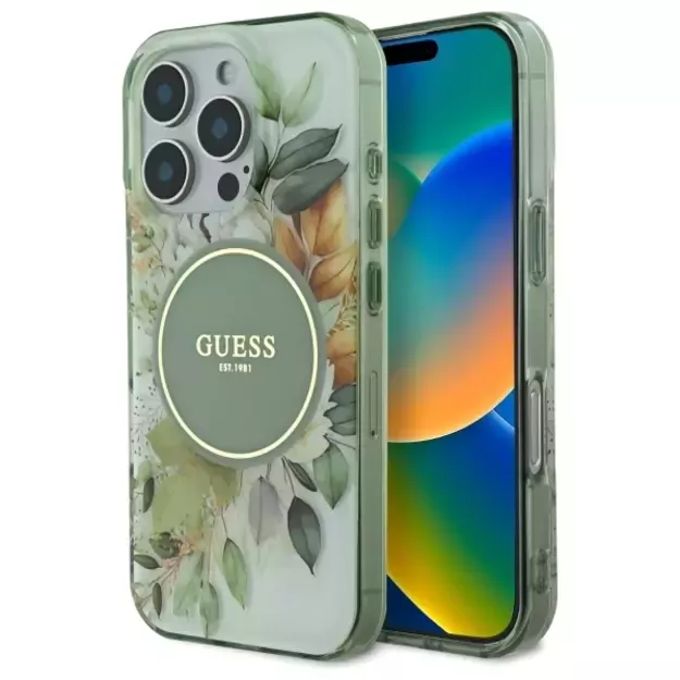 Guess IML Flower &amp  Tonal Circle MagSafe case for iPhone 16 Pro - green