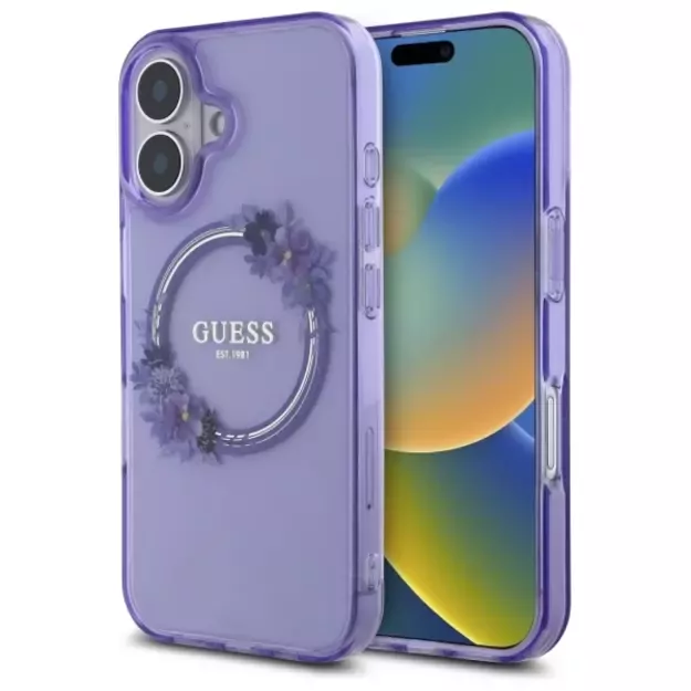 Guess IML Flowers Wreath MagSafe iPhone 16 Case - Purple