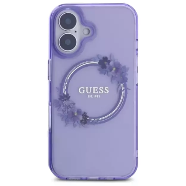 Guess IML Flowers Wreath MagSafe iPhone 16 Case - Purple 9
