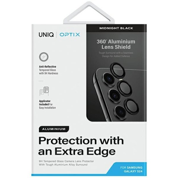 Uniq Optix Aluminum Camera Lens Protector for Samsung Galaxy S24 camera lens with applicator - black 1