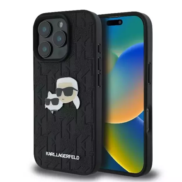 Karl Lagerfeld Monogram Karl &amp  Choupette Head Pin iPhone 16 Pro Case - Black