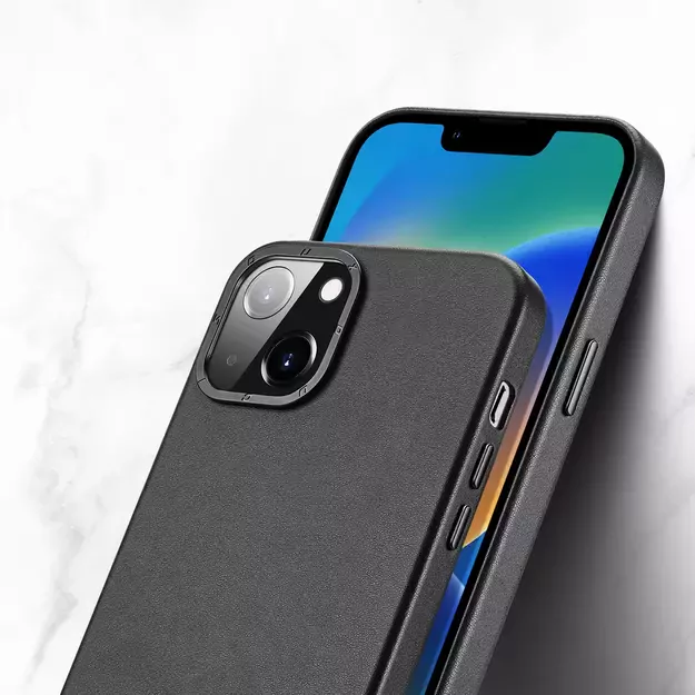 Dux Ducis Grit Leather Case for iPhone 14 Plus Elegant Faux Leather Cover (MagSafe Compatible) Black 6