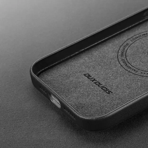 Dux Ducis Grit Leather Case for iPhone 14 Plus Elegant Faux Leather Cover (MagSafe Compatible) Black 9