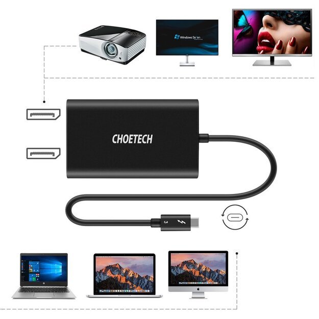 Choetech plug adapter USB Type C Thunderbolt 3 (40Gbps) - 2x DisplayPort 4K 60Hz black (HUB-D03) 5