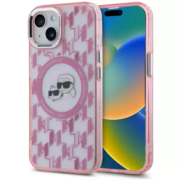 Karl Lagerfeld IML Monogram Karl &amp  Choupette Head MagSafe iPhone 15 Plus Case - Pink