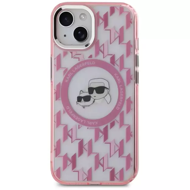 Karl Lagerfeld IML Monogram Karl &amp  Choupette Head MagSafe iPhone 15 Plus Case - Pink 2