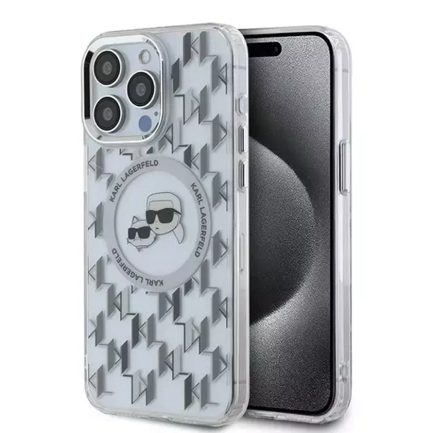 Karl Lagerfeld IML Monogram Karl &amp  Choupette Head MagSafe Case for iPhone 15 Pro Max - Clear