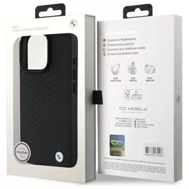 BMW Sign Leather Diamond Metal Logo MagSafe iPhone 16 Pro Case - Black 14