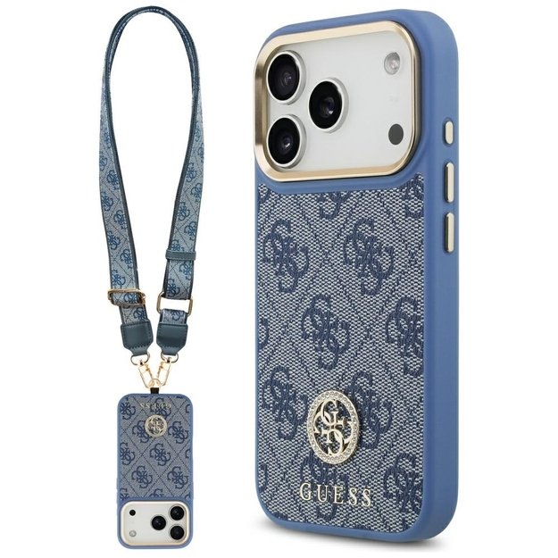 Guess 4G Strass Logo &amp  Big Strap Metal Buttons MagSafe Case for iPhone 17 Pro - Blue