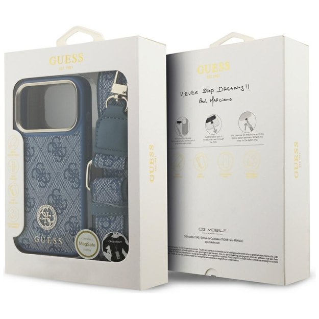 Guess 4G Strass Logo &amp  Big Strap Metal Buttons MagSafe Case for iPhone 17 Pro - Blue 8
