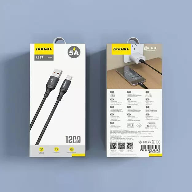 Dudao L3ST USB-A - USB-C 5A Cable 1.2m Braided - Black 6