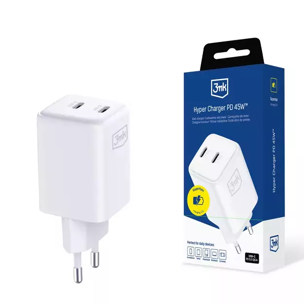 3mk Hyper Charger PD 45W QC4+ PPS 2C Super-Fast Charge 2.0 Wall Charger - White