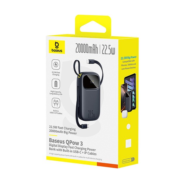 Baseus EnerFill FC31 20000mAh 22.5W Powerbank with Digital Display and 2 Built-in Cables (USB-C + Lightning) - Black 2