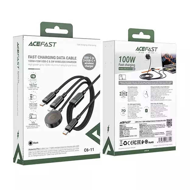 Acefast C6-11 USB-C 3in1 Cable - 2x USB-C / Qi 480Mb/s 100W 1.2m - black 8