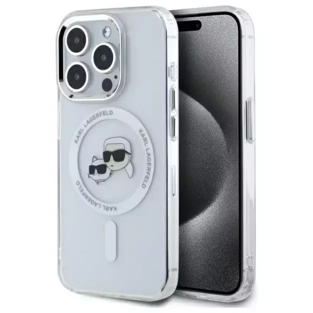 Karl Lagerfeld IML Metal Karl&amp Choupette Head MagSafe Case for iPhone 15 Pro Max - White