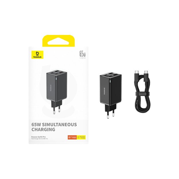 Baseus GaN6 Pro Charger 65W 2 x USB-C 2 x USB-A with Black USB-C Cable 100W 1m - Black 7