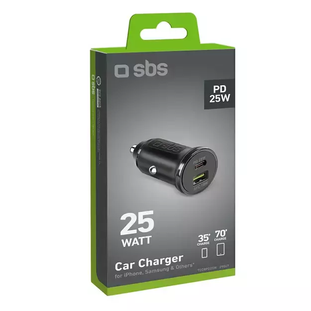 SBS TECRPD25W Car Charger 25W USB-A USB-C with Power Delivery - Black 1