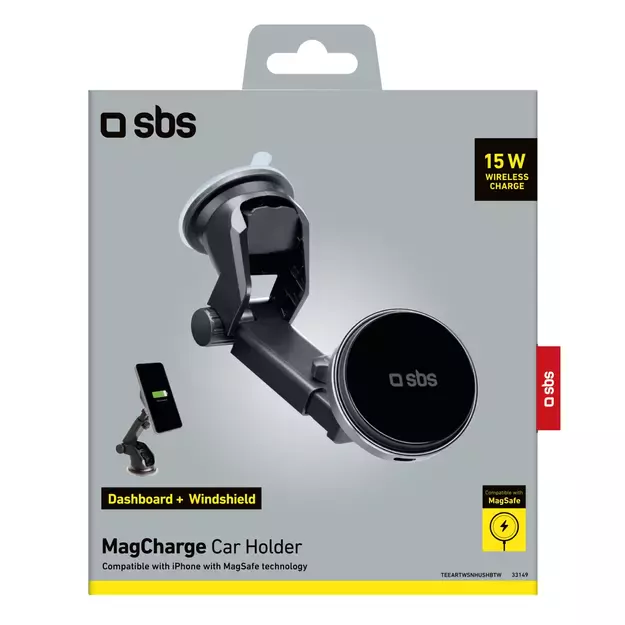 SBS TESUPMAGEXTWIR15W Telescopic Smartphone Holder with Wireless Charger, MagSafe Compatible, for Windshield and Dashboard - Black 5