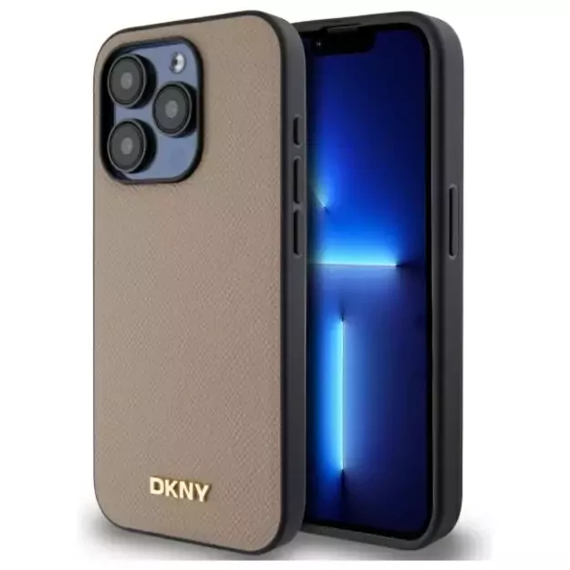 DKNY Grained Metal Logo MagSafe iPhone 15 Pro Case - Beige