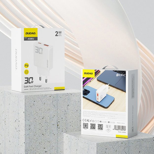 GaN Dudao A30EU 30W USB-A / USB-C Wall Charger - White 7